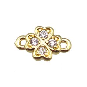 copper clover connector paved zircon, gold plated, approx 6-10mm [FN14730]