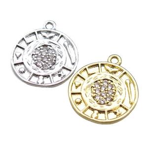 copper circle pendant paved zircon, mixed color, approx 13mm dia [FN14748]