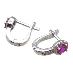copper Latchback Earrings pave hotpink zircon, platinum plated, approx 10-12mm [FN14787]