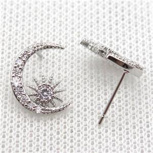 copper stud Earrings pave zircon, moon, platinum plated, approx 11-14mm [FN14791]