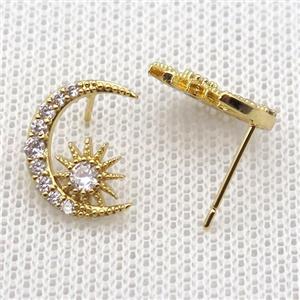copper stud Earrings pave zircon, moon, gold plated, approx 11-14mm [FN14792]
