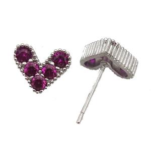 copper stud Earrings pave zircon, heart, platinum plated, approx 10mm [FN14795]