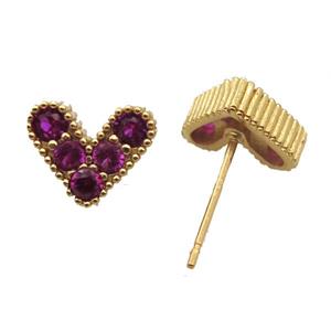 copper stud Earrings pave zircon, heart, gold plated, approx 10mm [FN14796]