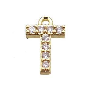 copper letter-T pendant paved zircon, gold plated, approx 5-8mm [FN14883]
