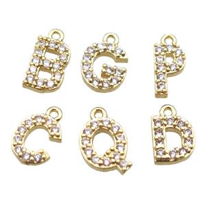 copper letter charm pendant paved zircon, mixed alphabet, gold plated, approx 5-8mm [FN14890]