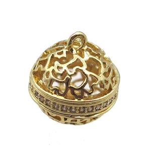 hollow copper cage pendant paved zircon, gold plated, approx 13mm dia [FN14892]