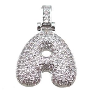 copper letter-A pendant paved zircon, platinum plated, approx 14-20mm [FN14900]