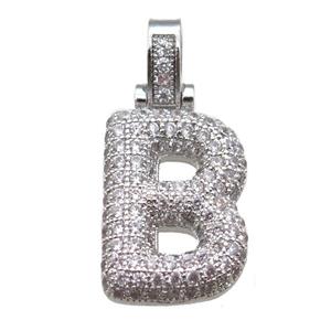 copper letter-B pendant paved zircon, platinum plated, approx 14-20mm [FN14901]