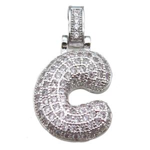 copper letter-C pendant paved zircon, platinum plated, approx 14-20mm [FN14902]