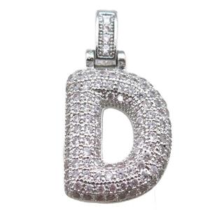 copper letter-D pendant paved zircon, platinum plated, approx 14-20mm [FN14903]