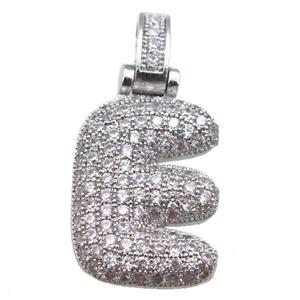 copper letter-E pendant paved zircon, platinum plated, approx 14-20mm [FN14904]