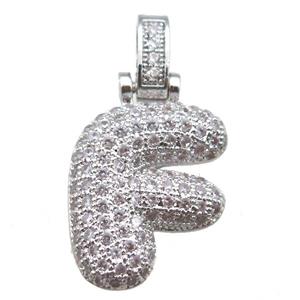 copper letter-F pendant paved zircon, platinum plated, approx 14-20mm [FN14905]