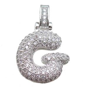 copper letter-G pendant paved zircon, platinum plated, approx 14-20mm [FN14906]