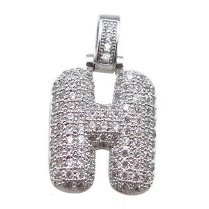 copper letter-H pendant paved zircon, platinum plated, approx 14-20mm [FN14907]
