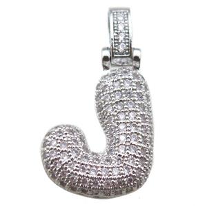 copper letter-J pendant paved zircon, platinum plated, approx 14-20mm [FN14909]