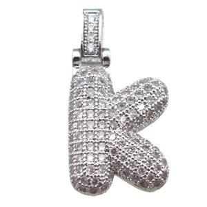 copper letter-K pendant paved zircon, platinum plated, approx 14-20mm [FN14910]