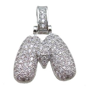 copper letter-M pendant paved zircon, platinum plated, approx 14-20mm [FN14912]