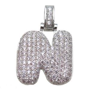 copper letter-N pendant paved zircon, platinum plated, approx 14-20mm [FN14913]