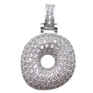 copper letter-O pendant paved zircon, platinum plated, approx 14-20mm [FN14914]