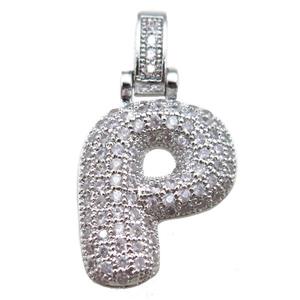 copper letter-P pendant paved zircon, platinum plated, approx 14-20mm [FN14915]