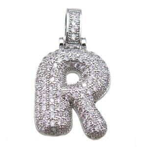 copper letter-R pendant paved zircon, platinum plated, approx 14-20mm [FN14916]