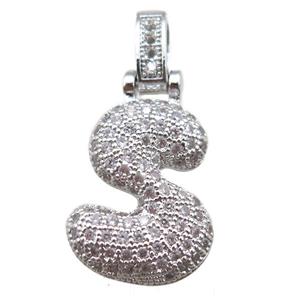 copper letter-S pendant paved zircon, platinum plated, approx 14-20mm [FN14917]