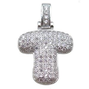 copper letter-T pendant paved zircon, platinum plated, approx 14-20mm [FN14918]