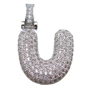 copper letter-U pendant paved zircon, platinum plated, approx 14-20mm [FN14919]