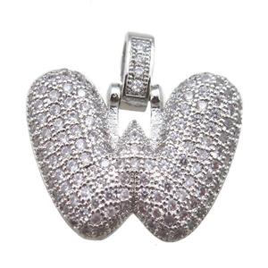 copper letter-W pendant paved zircon, platinum plated, approx 14-20mm [FN14921]