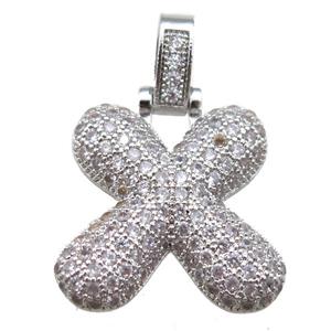 copper letter-X pendant paved zircon, platinum plated, approx 14-20mm [FN14922]