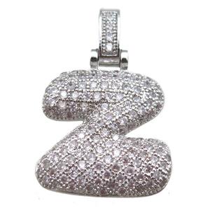 copper letter-Z pendant paved zircon, platinum plated, approx 14-20mm [FN14924]