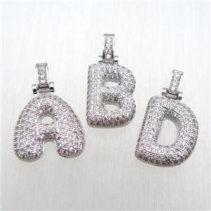 copper alphabet pendant paved zircon, mixed letter charm, platinum plated, approx 14-20mm [FN14925]