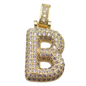 copper letter-B pendant paved zircon, gold plated, approx 14-20mm [FN14927]