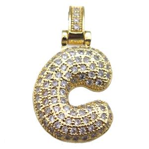 copper letter-C pendant paved zircon, gold plated, approx 14-20mm [FN14928]