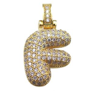 copper letter-F pendant paved zircon, gold plated, approx 14-20mm [FN14931]