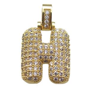 copper letter-H pendant paved zircon, gold plated, approx 14-20mm [FN14933]