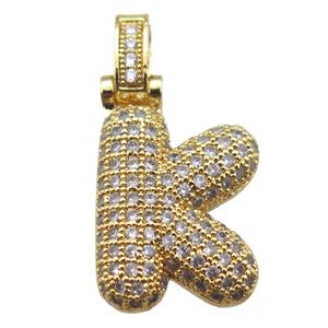 copper letter-K pendant paved zircon, gold plated, approx 14-20mm [FN14936]