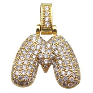 copper letter-M pendant paved zircon, gold plated, approx 14-20mm [FN14938]