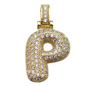 copper letter-P pendant paved zircon, gold plated, approx 14-20mm [FN14941]