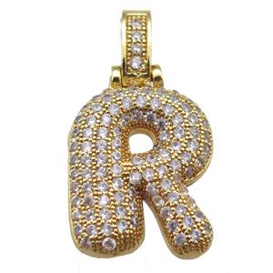 copper letter-R pendant paved zircon, gold plated, approx 14-20mm [FN14943]