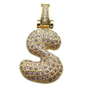 copper letter-S pendant paved zircon, gold plated, approx 14-20mm [FN14944]
