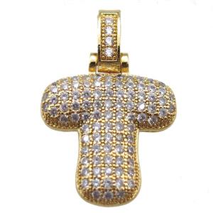 copper letter-T pendant paved zircon, gold plated, approx 14-20mm [FN14945]