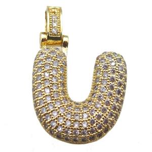 copper letter-U pendant paved zircon, gold plated, approx 14-20mm [FN14946]