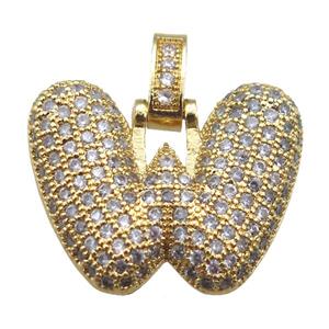 copper letter-W pendant paved zircon, gold plated, approx 14-20mm [FN14948]
