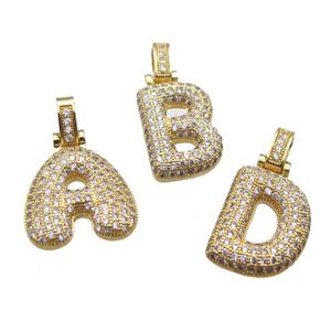 copper alphabet pendant paved zircon, mixed letter, gold plated, approx 14-20mm [FN14952]