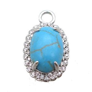 copper oval pendant paved zircon with turquoise, platinum plated, approx 12-18mm [FN14987]