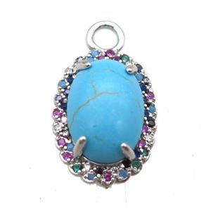 copper oval pendant paved zircon with turquoise, platinum plated, approx 12-18mm [FN14989]
