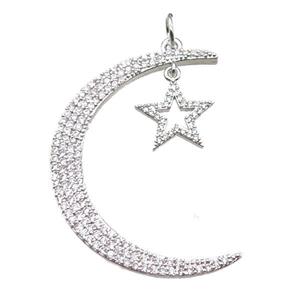 copper moon star pendant paved zircon, platinum plated, approx 35-45mm [FN14991]