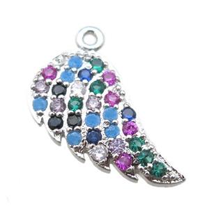 copper pendant paved zircon, angel wings, platinum plated, approx 10-16mm [FN15050]