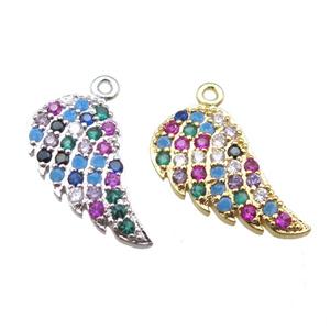 copper pendant paved zircon, angel wings, mixed color, approx 10-16mm [FN15052]